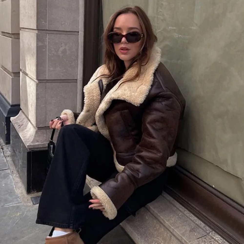 Influencer Famous Aviator Faux Sherling Faux Leather Buckle Moto Coat Jacket - Picture 5 of 14